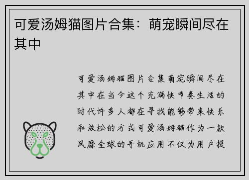 可爱汤姆猫图片合集：萌宠瞬间尽在其中